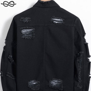 Chaqueta de mezclilla con bolsillo y solapa deshilachada rasgada de algodón para hombre Botón de bolsillo frontal Detalle rasgado Manga regular de un solo pecho - Product Image 4