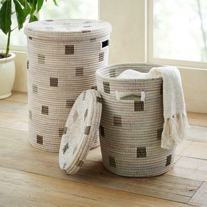 Cesta redonda tejida a mano para la colada, accesorio de ratán Natural con tapa y asas, organizador de almacenamiento para el baño - Product Image 1