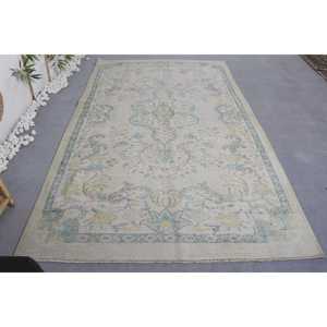 พรมตุรกีแบบวินเทจ9.1ft X 5.5 X สีเบจและสีฟ้าผ้าขนสัตว์พร้อมยางรองสำหรับห้องวัยรุ่น - Product Image 1