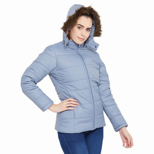 Women's Light Blue Quilted Puffer <b>Jacket</b> With Fur Trim Hood Full Sleeve Winter Coat Regular Length Zipper Closure - Product Image 4