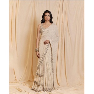 Faux Georgette Pallu Moti dentelle bordure broderie travail à volants et vrai miroir travail à la main pour la fête de mariage porter - Product Image 1