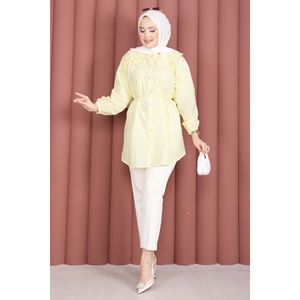 Double Collar Modest <b>Tops</b> Yellow Hijab Shirt with Drawstring Waist - Product Image 4