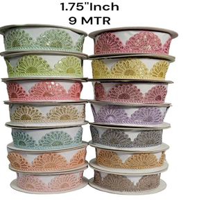 Custom made abstract designed embroidered laces in 1.75 inch width available in fourteen colours for garments and ladies suits. - Product Image 4