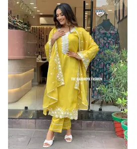Nouvelle vente chaude femmes en relief saison de mariage jaune Designer coton Kurti pantalon Duppata prêt à porter fête porter prix de gros - Product Image 1