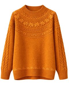 Customized Mustard <b>Orange</b> Jacquard Knit Sweater Floral Textured Crew Neck Long Sleeve Winter Pullover For <b>Women</b> Custom Wholesale - Product Image 1