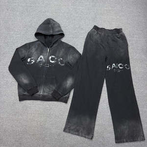 Vintage 380gsm Acid Wash Drawstring <b>Hoodie</b> Sweatsuit | Sunfaded Stone Wash Embroidered Raw Hem Maternity Set - Product Image 4