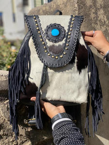 Mochila de cuero de piel auténtica hecha a mano para el pelo, mochila de piel de vaca auténtica Unisex, mochila occidental con flecos, bolsas con cordón - Product Image 2