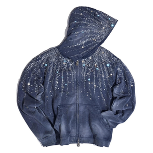Galaxy Rhinestone cremallera Sudadera con capucha brillante noche estrellada Zip-Up negro algodón mezclado Sudadera con capucha básicos sudaderas Tops para Unisex - Product Image 4