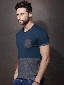 Men Navy & Blue Melange <b>Colour</b> <b>Blocked</b> Round Neck 100% Cotton Knitted Breathable Eco-Friendly T-shirt Manufacturer by EVERGLOW - Product Image 5
