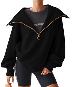 Sweat-shirt surdimensionné en coton pour femmes surdimensionné personnalisé Sweat-shirt décontracté à revers col en V à manches longues pour femmes - Product Image 4