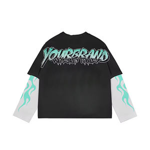 Custom Oversized Streetwear Distressed Full Print Graphic <b>Flame</b> Sleeves Y2K Double Layer Long Sleeve T-<b>shirt</b> - Product Image 6