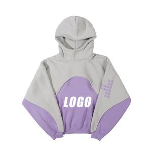 Highquality Heavyweight <b>Cotton</b> Turtleneck Hoodie Contrast Color Panel Fashion Cut Edge <b>Raw</b> Hem for Puff Print No Pockets Autumn - Product Image 2