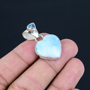 Top qualité naturel caraïbes Larimar Cabochon forme de coeur 925 argent Sterling plaqué lunette réglage pendentif pour les femmes - Product Image 1