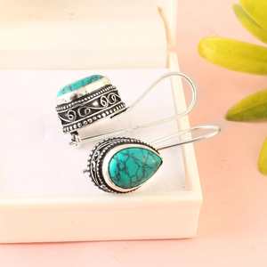 Handmade Gold Plated <b>Turquoise</b> Sterling Silver Dangle Earrings Party Anniversary Gift Women Boho Jewelry - Product Image 2