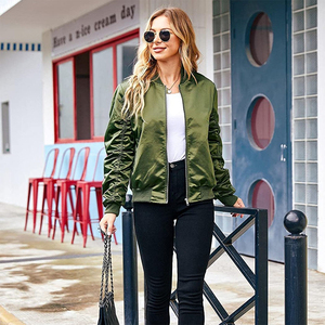 Chaqueta de bombardero Lisa verde para mujer, chaquetas de bombardero de satén con estampado de letras, chaquetas de bombardero con estampado de satén a la moda informal para mujer - Product Image 4