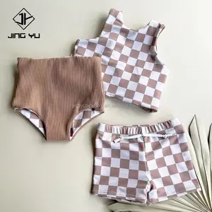 custom neutral tone kids swim customized baby swimsuit Double sided print retro checker baby Eco Friendly toddler swimwear