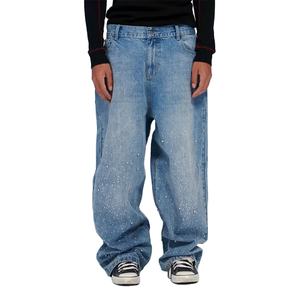 Jeans Vaqueros Anchos de Moda con Logotipo Personalizable, Estilo Urbano Informal, Lavado Ácido, con Acentos de Diamantes de Imitación - Product Image 1