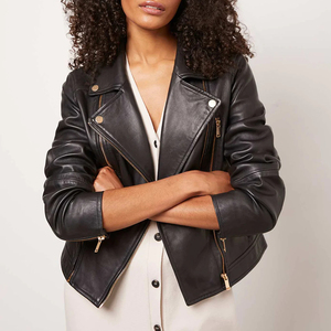 Chaqueta de cuero con cremallera de Color negro de alta calidad con doble cremallera 2023 para mujer, chaqueta de cuero con llamadas y soporte al por mayor para mujer - Product Image 3