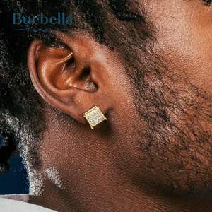 S925 Sterling Silver 14K Gold Coating Boucles d'oreilles en diamant de luxe Double rangée de clous ronds pour hommes - Product Image 3