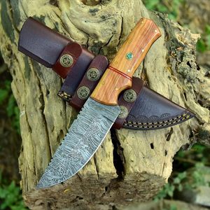 Couteau de chasse en acier damas fait main de haute qualité avec gaine en cuir Conception de couteau de camping à lame fixe supportée OEM - Product Image 1
