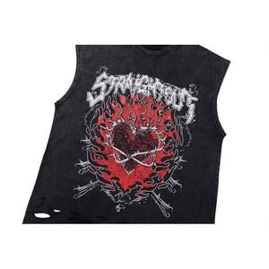 OEM personalizado llama corazón gráfico impresión destruir agujero camiseta sin mangas Y2K Vintage ácido lavado camiseta de gran tamaño cuello simulado camiseta - Product Image 3