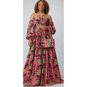 Vestido Largo Verde con Estampado Floral de Ankara, Cintura Imperio y Hombros Descubiertos - Product Image 4
