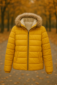 Veste matelassée pour femme avec capuche en fausse fourrure amovible, fermeture éclair intégrale et poches |   Vêtements d'extérieur isolés pour l'hiver, jaune moutarde - Product Image 6