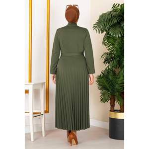 Pleated <b>Skirt</b> Hijab Dress 100MD21515 Almond Green - Product Image 3