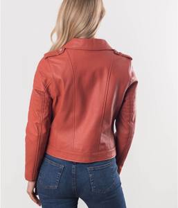 Blouson aviateur pour femme en cuir véritable orange, épaules matelassées, fermeture éclair asymétrique, doublure en coton brut respirant pour l'hiver - Product Image 3