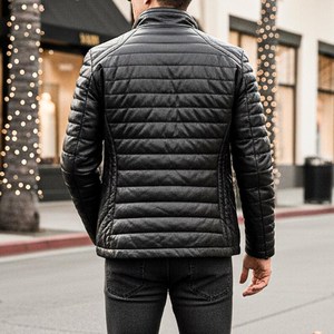 Men's Handmade Black Puffer Leather <b>Jacket</b> Stand Collar Winter <b>Canvas</b> Breathable Vintage Solid Pattern Casual Style Front Logo - Product Image 3