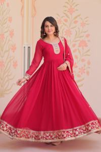 ชุดกาวน์ผ้าจอร์เจียแบบพรีเมี่ยมพร้อมชุดเดรสผ้าฝ้ายปักเลื่อมซารีคอกลมแขนเต็มพร้อมชุด Dupatta ด้านใน - Product Image 2