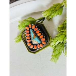 Navajo Turquoise & Multi-Color Stone Sterling Silver <b>Adjustable</b> Cluster <b>Ring</b> 18K Plating One Size Fits All Gift - Product Image 4
