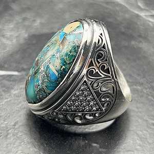 Anillo Grande Ovalado de Plata con Turquesa para Hombre, Estilo Vintage Boho, Joyería Única, Regalo de Compromiso para Él - Product Image 4