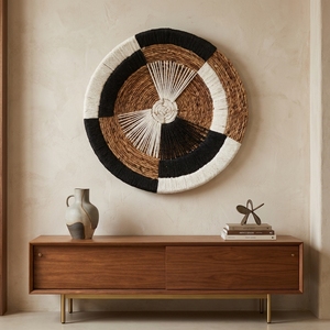 Panier mural en macramé en écorce de bananier naturelle, plateau rond peu profond à blocs de couleur abstraits, décoration artistique pure pour la mise en scène de la pièce, artisanat bohème - Product Image 4