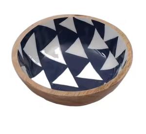 Bol de service alimentaire en bois de forme ronde avec intérieur en émail coloré pour la vaisselle, bols de service de table - Product Image 3