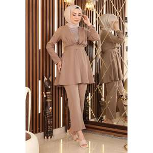 Conjunto Casual de 2 Piezas con Patrón Sólido, Tops con Cinturón y Detalles de Piedras, Shorts Tejidos de Longitud Midi, 100% Algodón, Cuello Redondo Disponible - Product Image 4