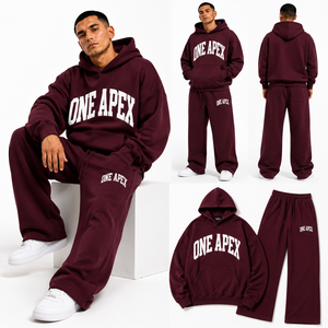 Ensemble de survêtement pour homme, comprenant un sweat à capuche bordeaux classique et un pantalon de survêtement à jambes larges, en coton premium épais, antibactérien, à séchage rapide et respirant - Product Image 4