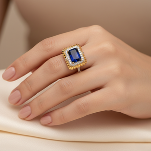 Anillo de Zafiro Azul con Corte Esmeralda y Halo en Oro para Mujer - Joyería Fina para Regalo - Product Image 2