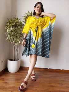 Custom Made Trendy Border Print Kaftan <b>Dress</b> Summer <b>Loose</b> <b>Fit</b> Short Length with Adjustable Waist Tie-Up for Boutiques - Product Image 5