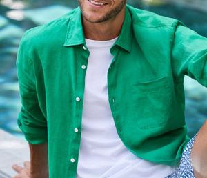Chemise décontractée d'été pour homme en lin vert olive, manches longues, col rabattu, teinte unie, anti-rétrécissement, séchage rapide, durable, 120g - Product Image 2