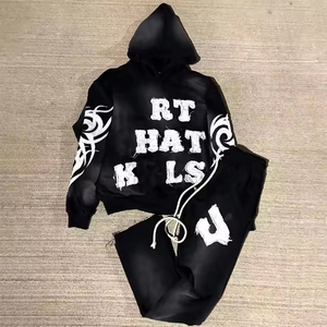 ACID WASHED Tracksuit Distressed Embroidery logo 450gsm Tracksuit for Men Flared <b>Hoodie</b> and Sweat Pants Sets Zipper Tracksuits - Product Image 2