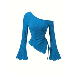 Haut asymétrique à une épaule en maille à manches lanternes, grande taille, couleur unie, design froncé, pour adolescentes, broderie décontractée 100% - Product Image 3