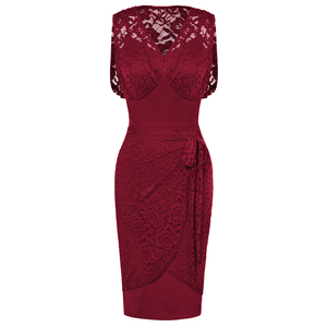 OEM Women <strong>Lace</strong> Patchwork <strong>Dress</strong> V-Neck Back Slit Office Red Sleeveless Bodycon <strong>Dresses</strong>