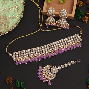Gargantilla nupcial Kundan DE BODA clásica chapada en oro de latón de alta calidad de fabricante indio, conjunto de collares con estampado étnico - Product Image 1