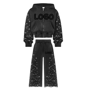 Conjunto de chándal acampanado con diamantes de imitación Sudadera con capucha desgastada y pantalones de chándal de pierna ancha Traje de calle con logotipo personalizado - Product Image 5