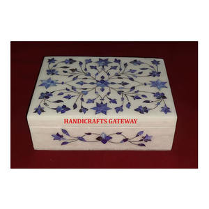 Caja de joyería con Incrustaciones de nácar azul mármol blanco natural forma rectangular diseño de incrustaciones florales hecho a mano embalaje de collar usado - Product Image 1