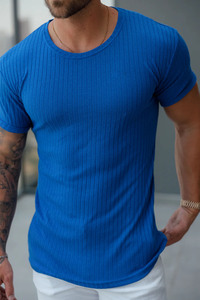 Top vente classique bleu royal côtelé tricot Super Slim Fit col rond hommes T-Shirts Logo personnalisé vêtements en vrac T-Shirt de sport pour hommes - Product Image 4