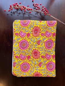 Handmade Block Print <b>Quilted</b> Durable Modern Laptop Sleeve Yellow Floral Cotton 15 Inch Waterproof Laptop Bags - Product Image 3
