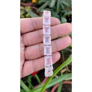 925 Silver Emerald Cut Rose Quartz Crystal <b>Bracelet</b> Elegant and Luxurious <b>Bangles</b> for Women - Product Image 1