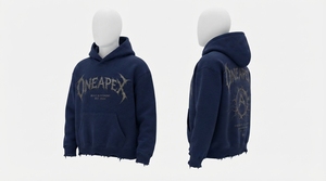 Dark <b>Navy</b> Hoodie <b>Men's</b> Distressed Oversized Hoodie Streetwear Heavyweight Cotton <b>Fleece</b> Pullover Print Raw Hem Casual Sweats - Product Image 4